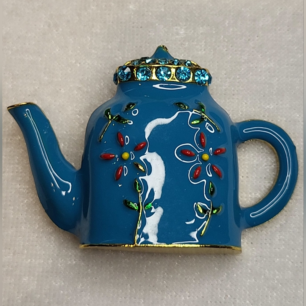 NEW Adorable Blue Teal Enamel Rhinetone Tea Pot Brooch /  Pin